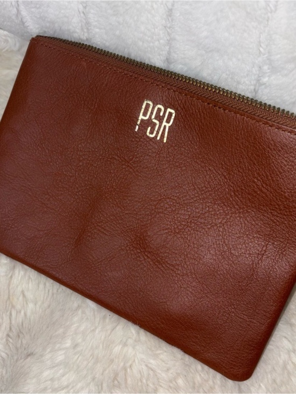 Madewell Leather Zip Pouch in Deep Brown with Gold Monogram